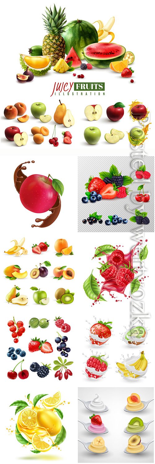 Fresh fruits and berries in vector, advertising posters