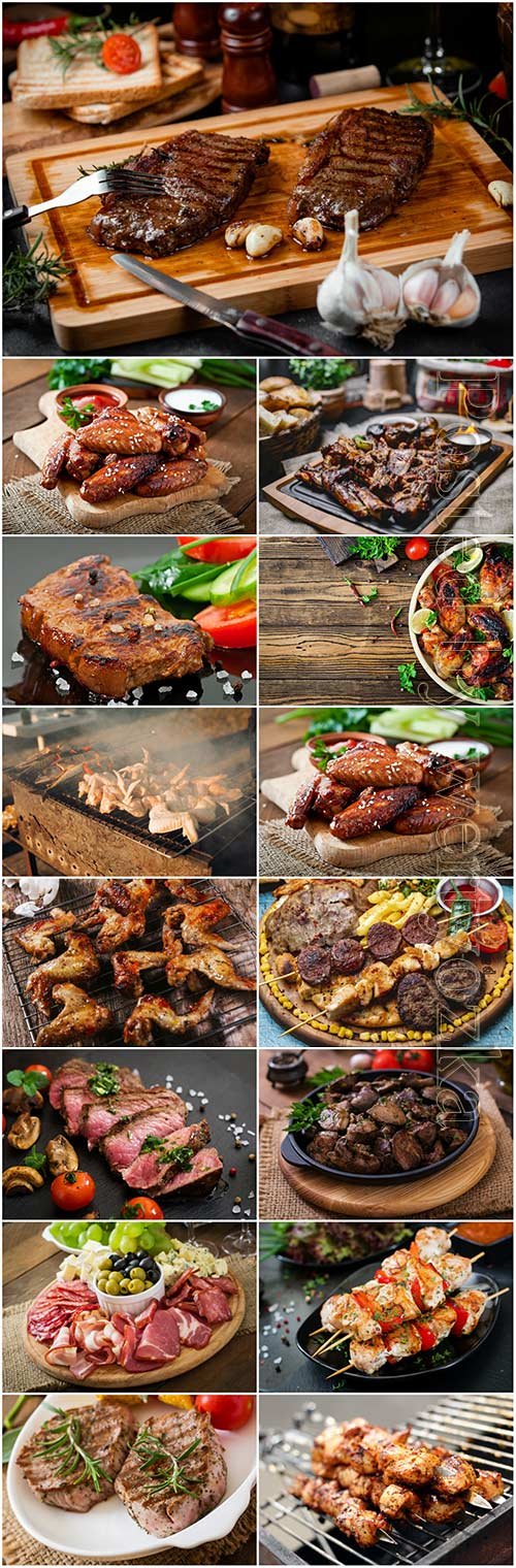 Meat, barbecue, fried chicken, steak stock photo set