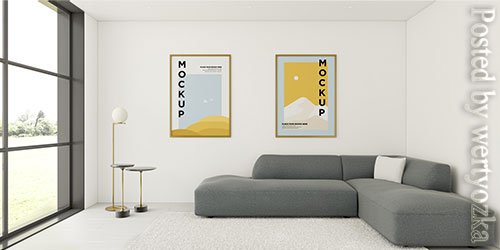 Minimalist interior arrangement with frames mock-up