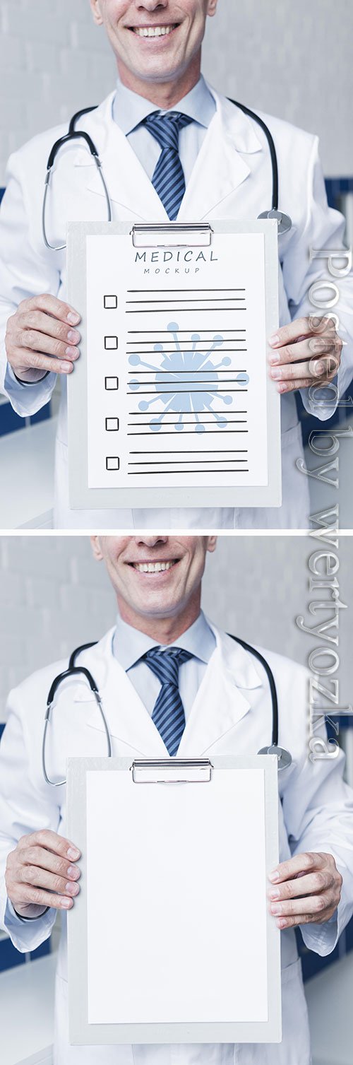 Smiley doctor holding a medical paper mock-up