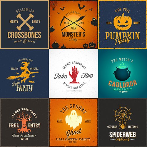 Vintage Halloween Party Cards Labels or Logos Set