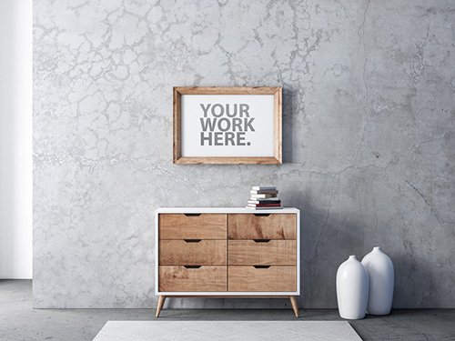 Horizontal Wooden Frame Poster Mockup on Wall 330175572