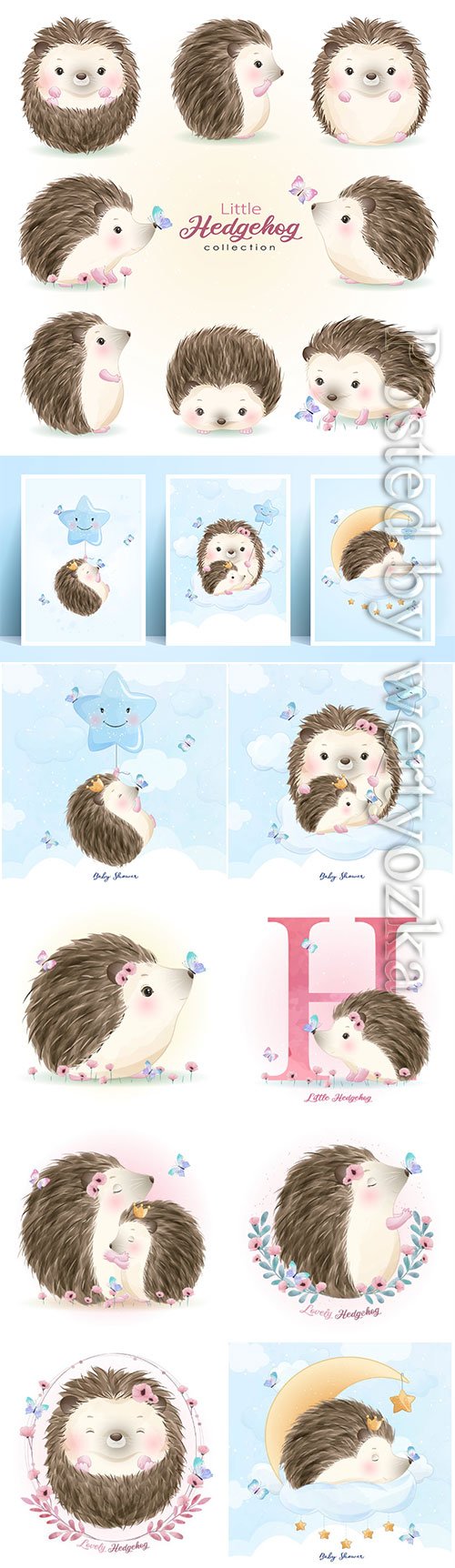 Cute doodle hedgehog set with watercolor vector illustration