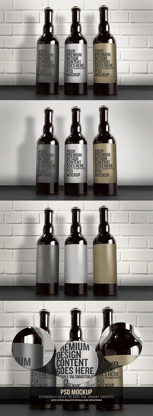3 Beer Bottles Mockup with White Brick Wall 332514386 PSDT