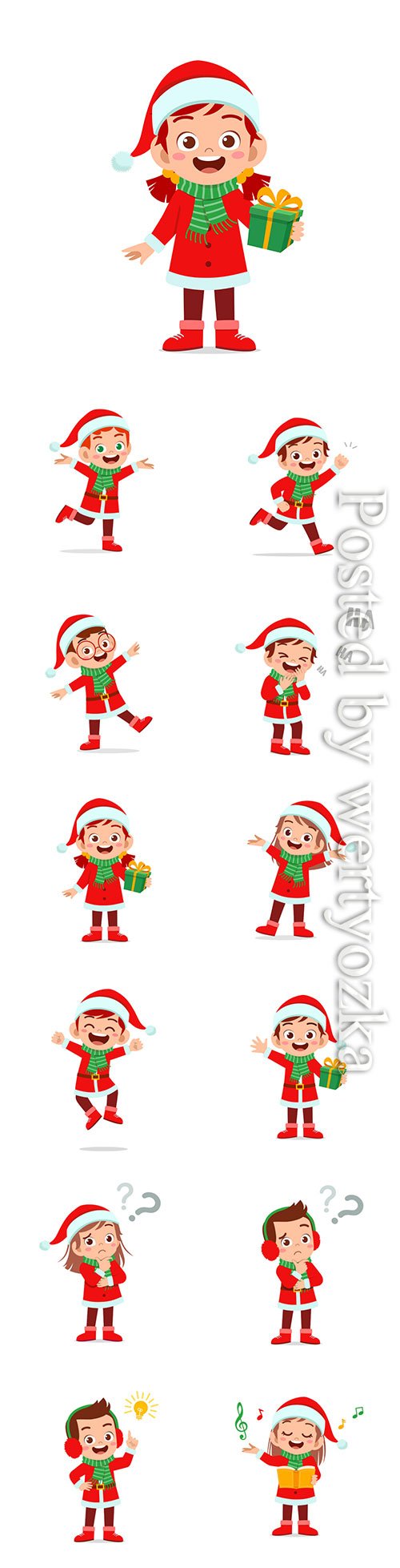 Happy cute little kid boy and girl wearing red christmas costume