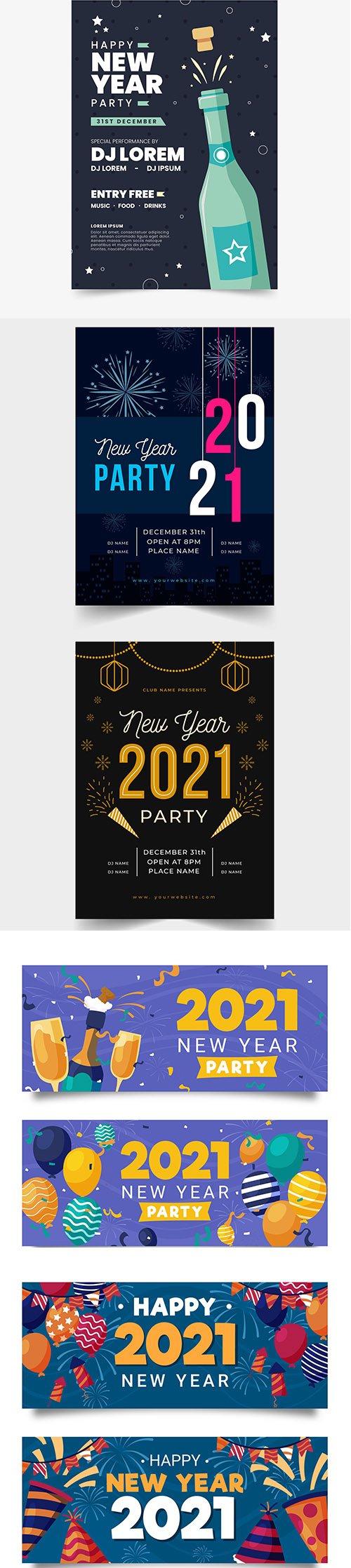 Hand-drawn new year party banners and poster template