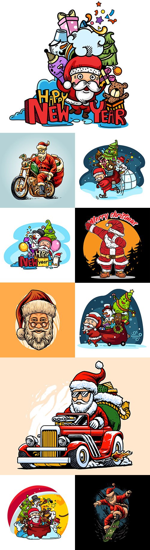 Santa Claus drawing with Christmas party and skateboarding