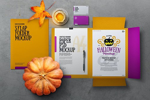 Halloween Autumn Stationery Flap Folder Mockup PSD