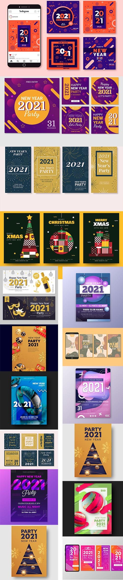 New year 2021 party instagram posts and new year party flyer template