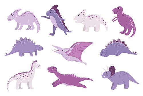 Set of cute pink and purple dinosaurs for children