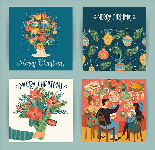 Set of christmas and happy new year illustrations in trendy retro style