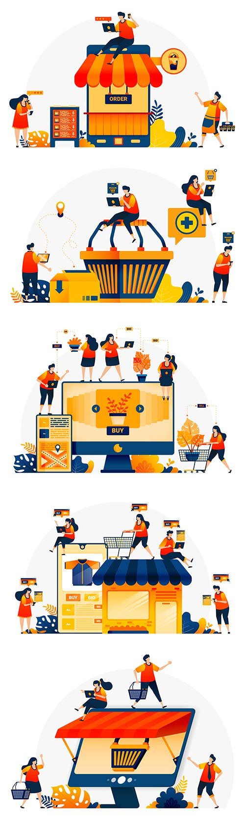Illustration of shopping cart with people around to shop e-commerce