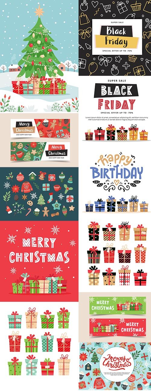 Christmas and Black Friday Banner Template with lettering and gifts