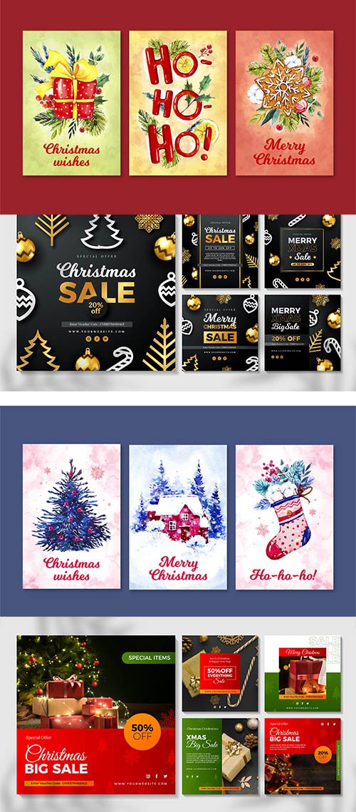 Watercolor christmas cards pack and instagram posts