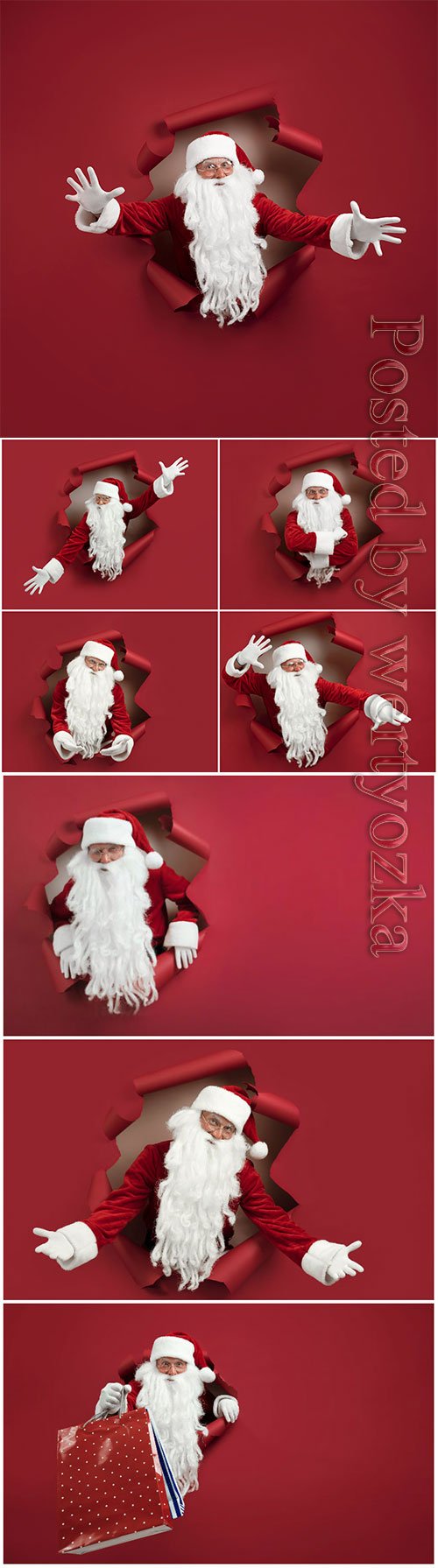 Santa man looking through hole on red paper