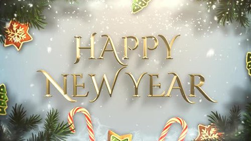 Animated closeup Happy New Year text, green tree branches and toys on snow background 29660986