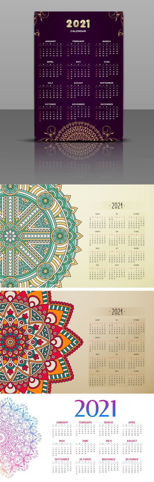 4 Vector Calendars 2021 Templates in Mandala Styles