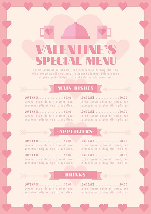 Valentines day flat design menu template