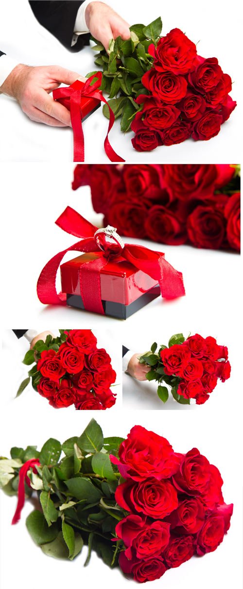 Bouquet of roses and box with a ring romantic stock photo