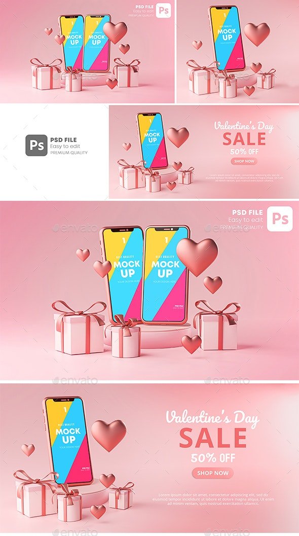 GraphicRiver - Smartphone Mockup Valentine Day Sale Love Heart Shape and Gift Box 3D Rendering - 30090503