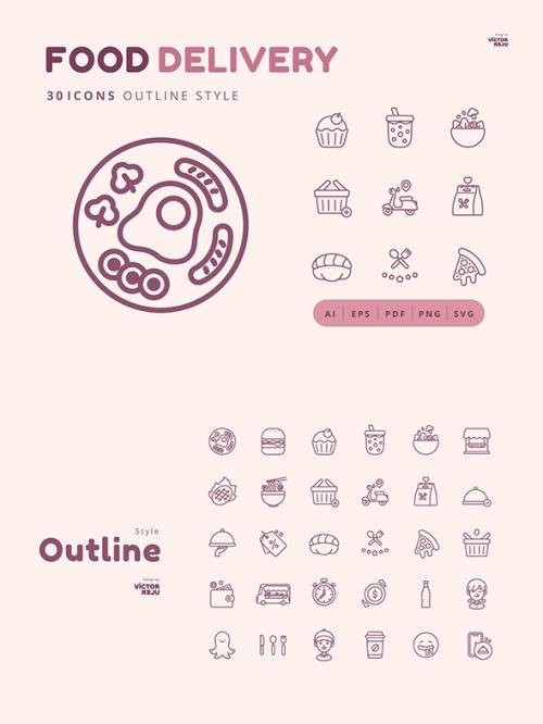 30 Icons Food Delivery Outline Style