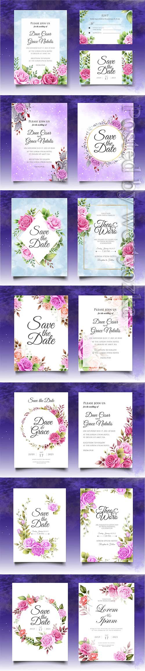 Luxury floral wedding invitation vector template