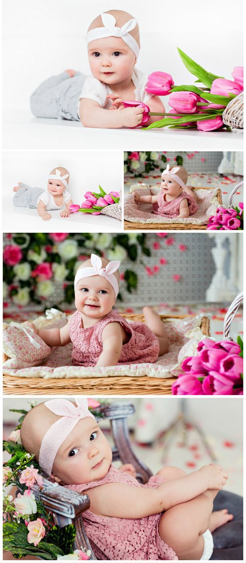 Little girl with tulips stock photo
