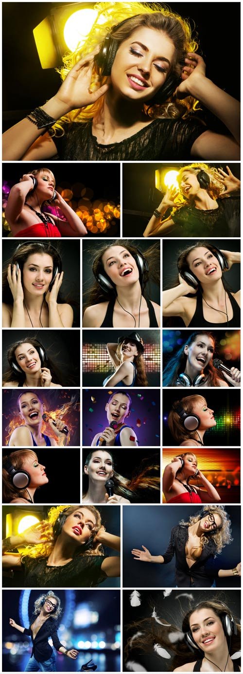 Girls with headphones listening to music and singing stock photo