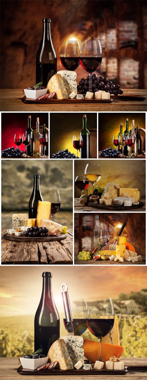 Glasses with wine, cheese and grapes on a tray stock photo