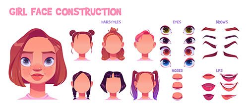 Girl face construction avatar creation set