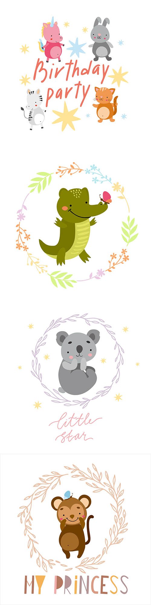 Birthday party illustrations with animals