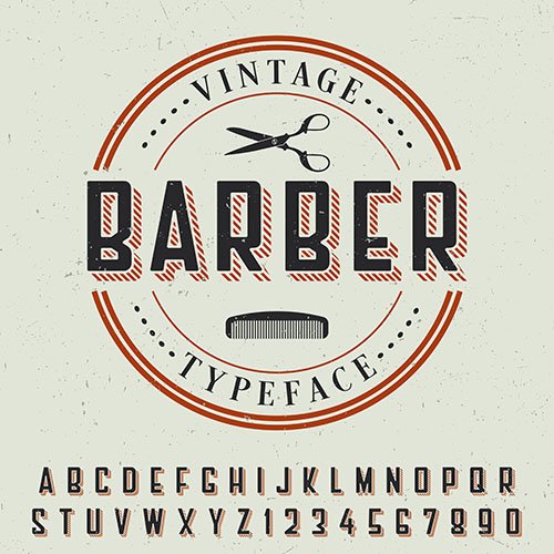 Barber vintage typeface poster with sample label design and letters