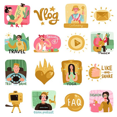 Video bloggers icons set with symbols flat