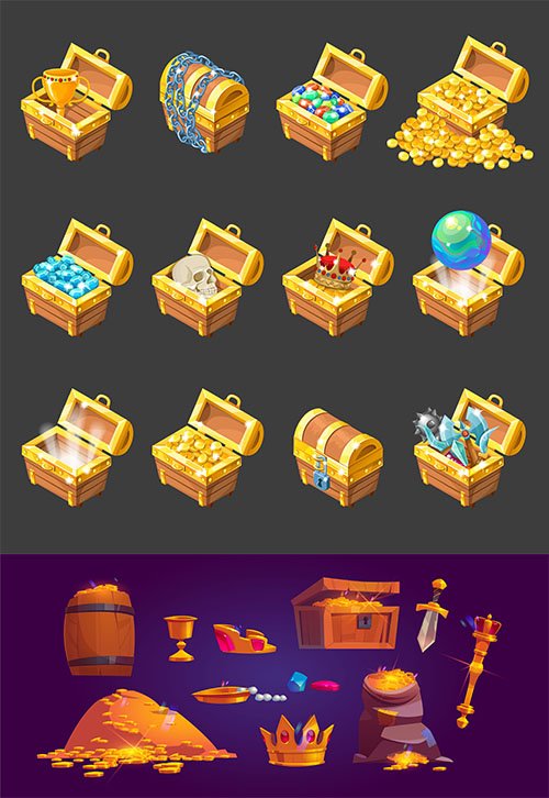 Treasure chests isometric cartoon icon set