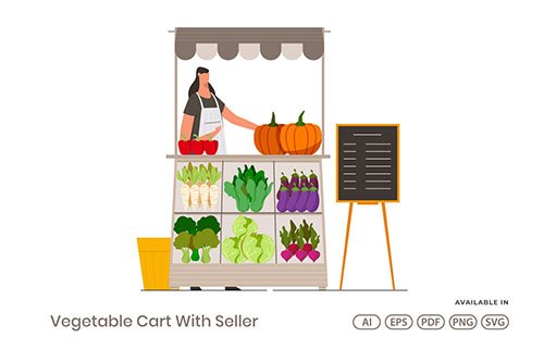 Vegetables Cart With Seller Vector Illustration
