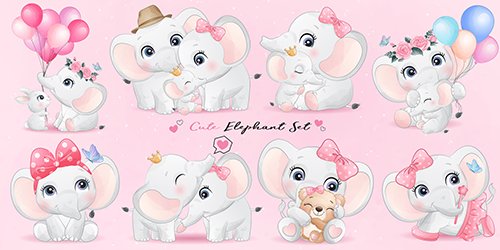 Cute little elephant watercolor illustrations