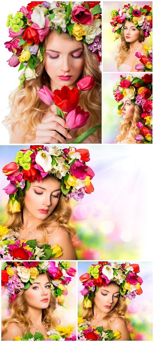 A wreath of flowers on a girl's head stock photo