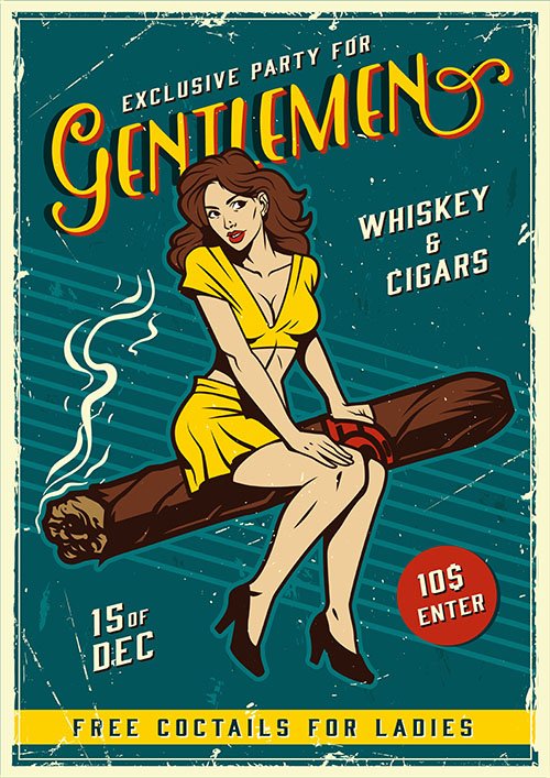 Vintage gentlemen party poster with pin up girl