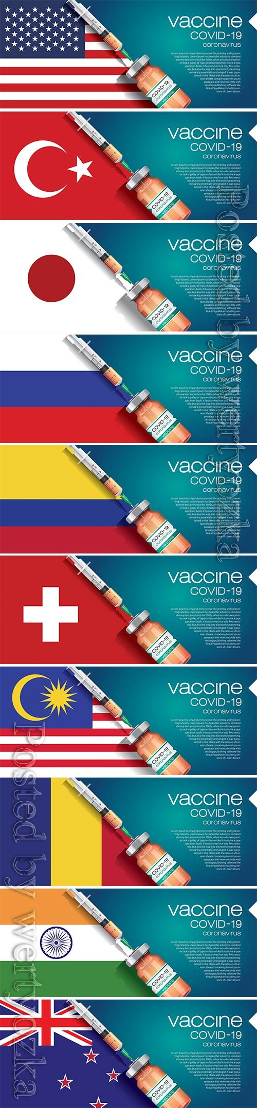 3D corona vaccine illustration and country flag concept