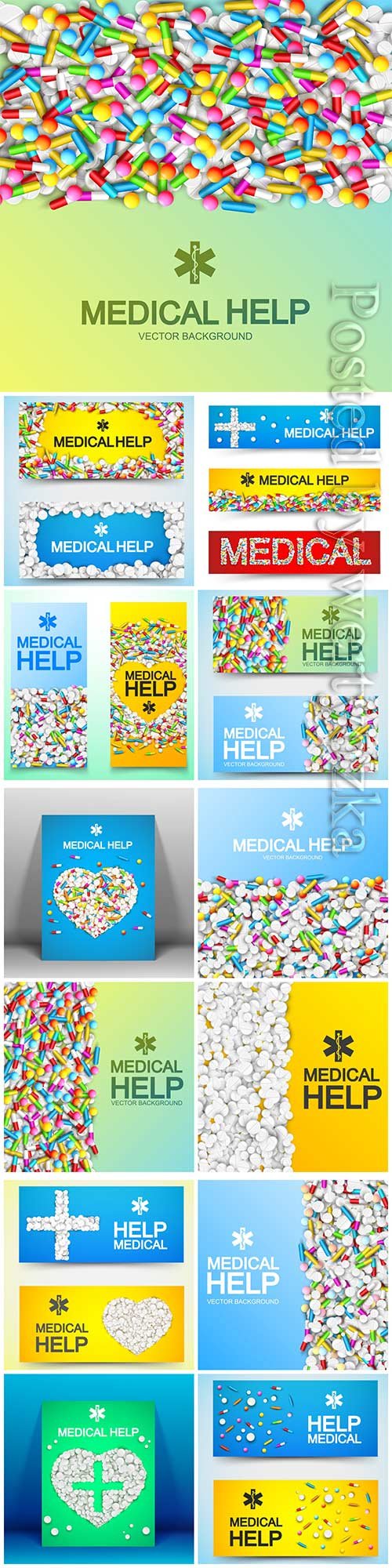 Medical care poster with inscription and colorful medicaments