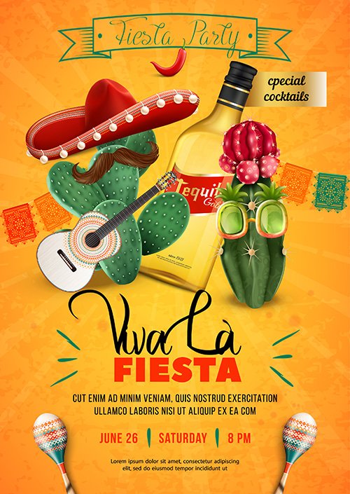 Fiesta party poster template with mexican sombrero