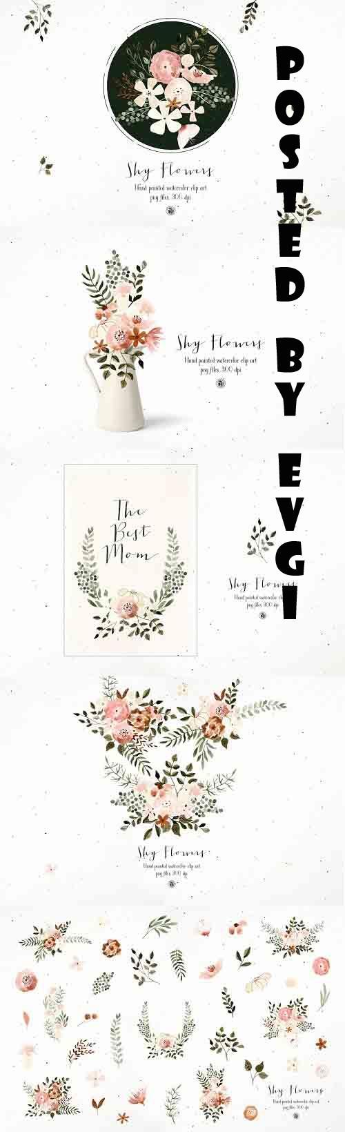 Shy Flowers - watercolor clipart - 6117759