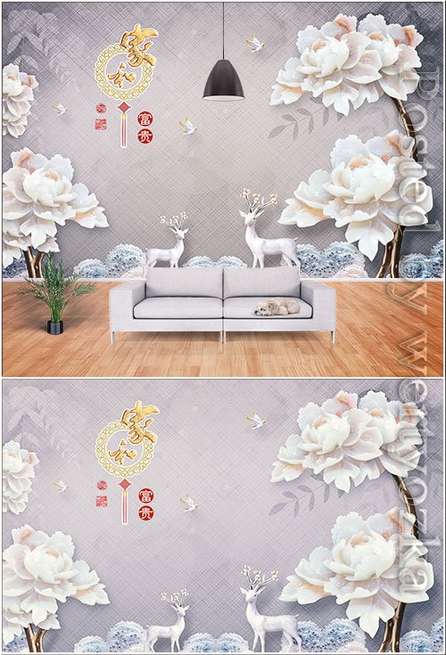Fashion jade carving peony flower elk leaf home and rich background wall