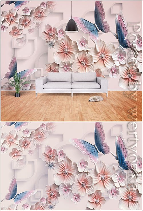 3d butterfly and flower tv background wall