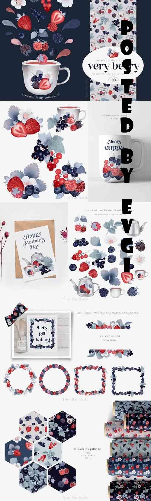 Gouache Berries Illustrations and Seamless Patterns PNG JPEG - 1360042