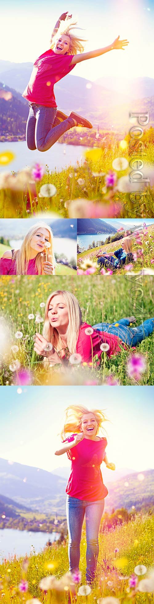 Cheerful girl with dandelions stock photo