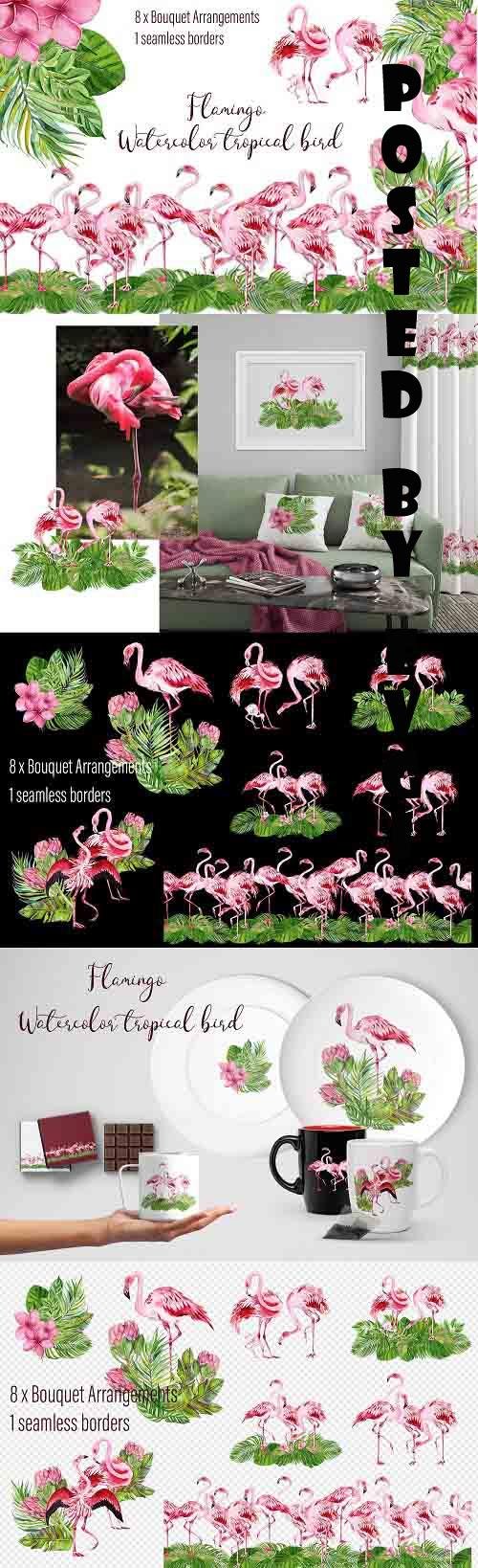Tropical flamingo clipart - watercolor birds - 1365724