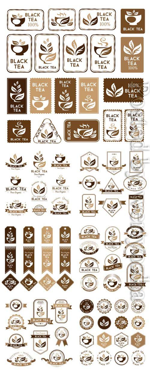 Black tea, logos and labels in vector