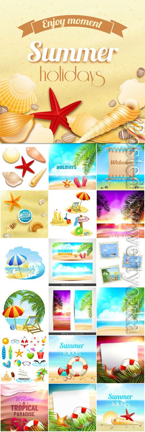 Summer vacation, sea, palm trees, cocktails in vector vol 20