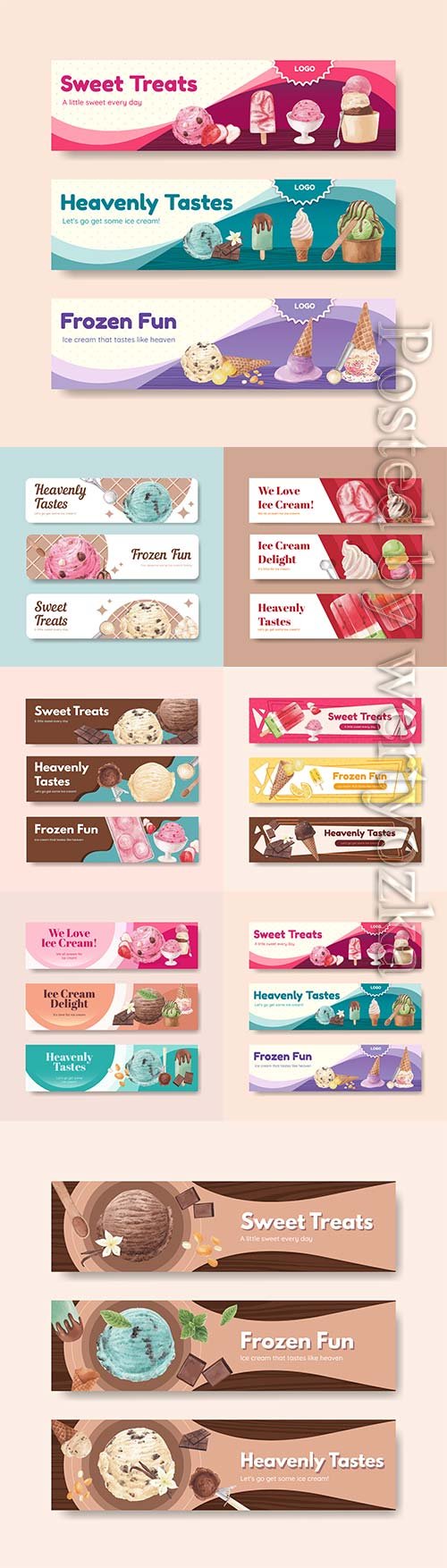Banner vector template with ice cream flavor concept, watercolor style